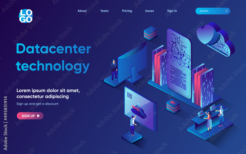 Aufkleber Datacenter technology concept 3d isometric web landing page. People analyze big data and work with cloud technologies, access and processing of statistics. Vector illustration for web template design