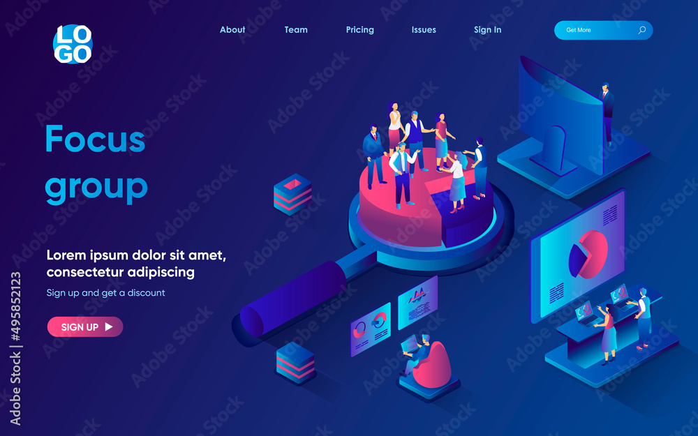 Aufkleber focus group concept 3d isometric web landing page. people doing consumer and market research, analyz