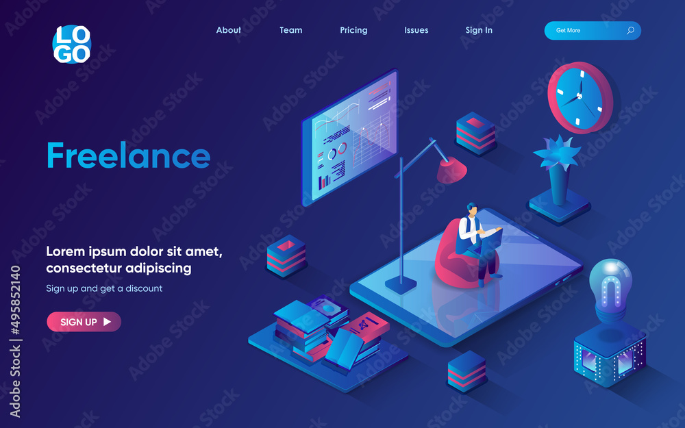Aufkleber freelance concept 3d isometric web landing page. people work on laptop remotely, perform work tasks 