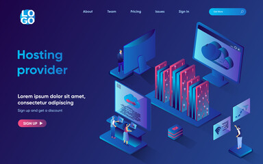 Fototapeta Hosting provider concept 3d isometric web landing page. People working with hardware and software of internet provider, network mainframe infrastructure. Vector illustration for web template design obraz