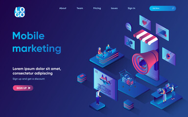 Mobile marketing service concept 3d isometric web landing page. People make market research, develop promotion strategy and advertise on smartphone app. Vector illustration for web template design