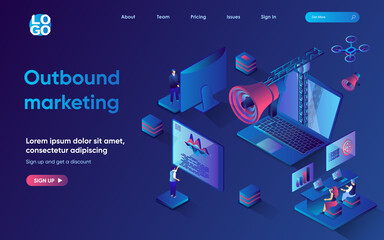 Outbound marketing concept 3d isometric web landing page. People develop promotion strategy, making advertising campaign, attract customers to buy product. Vector illustration for web template design