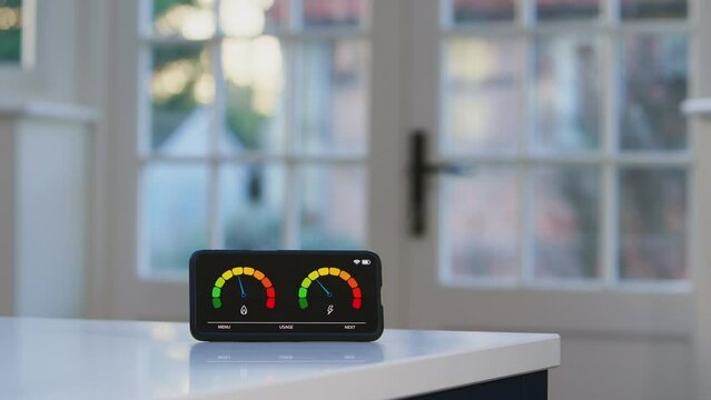 Close up of smart energy meter measuring electricity and gas use in kitchen at home - shot in slow motion
