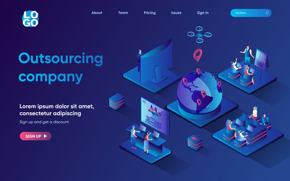 Outsourcing Company Concept 3d Isometric Web Landing Page. People Work Remotely From Home In International Company, Perform Tasks And Communicate Online. Vector Illustration For Web Template Design