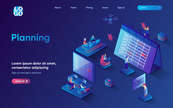 Business planning concept 3d isometric web landing page. People make schedules with work tasks, mark dates on calendar, organize workflow, time management. Vector illustration for web template design