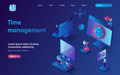 Time management concept 3d isometric web landing page. People manage time and work processes, schedule meetings, achieve goals, complete tasks to deadline. Vector illustration for web template design