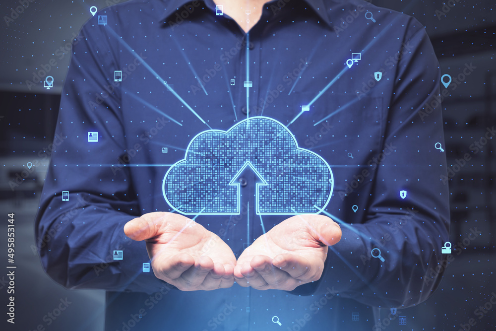 Poster Close up of businessman hands holding abstract glowing cloud hologram. Cloud computing and database concept. Double exposure.