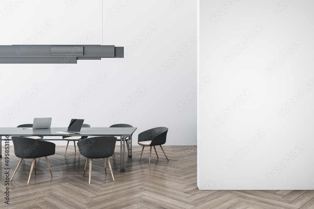 Poster luxury concrete and wooden meeting room interior with empty mock up place on wall, furniture, ceilin
