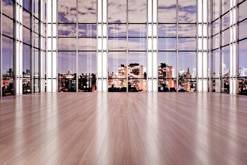 Modern interior with panoramic night city view and wooden flooring. Design and spacious room concept. 3D Rendering.