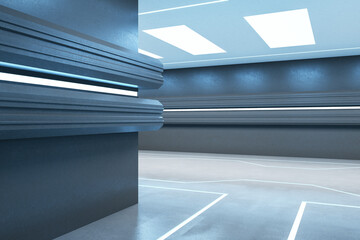Fototapeta premium Luxury futuristic blue corridor. Design and hallway concept. 3D Rendering.