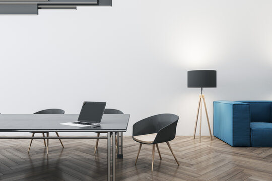 Bright concrete and wooden meeting room interior with furniture, ceiling lamp and laptop device on table. Workplace and conference concept. 3D Rendering.