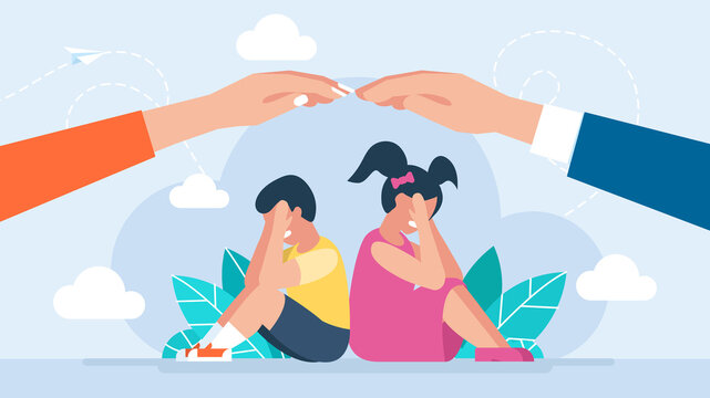 Parents protect their children from danger. The concept of family importance. Little boy and girl sitting on the floor and crying. Parents take care of the kids. Child protection. Flat illustration