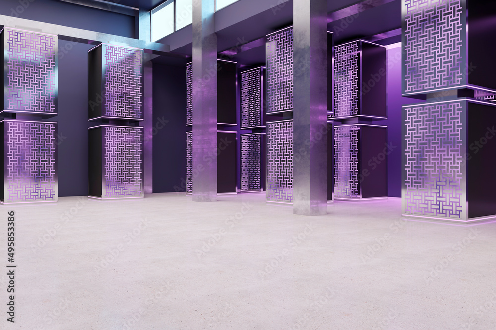 Poster modern purple server room interior. database and technology concept. 3d rendering.