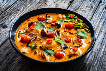 Tom Yum - Thai soup with chicken breast nuggets and rice noodles on black wooden table
