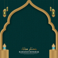 Ramadan islamic banner illustration. green and golden color with lantern. Ramadan theme with shape for social media template, poster, flyer, brochure,cover