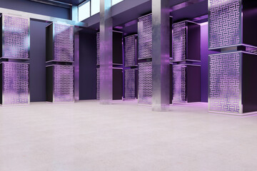Modern purple server room interior. Database and technology concept. 3D Rendering.