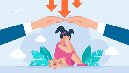 Social protection of children. Kids safety care. Little girl sitting on the floor and crying. Child protection. Service for the Protection of Minors and Orphans. Flat style design. Vector illustration