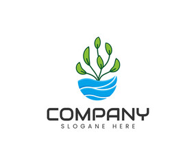 Nature green plant with water wave logo design. Green plant logo design with water wave