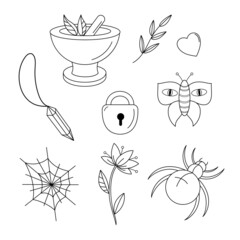Contour black-and-white drawing set of magical elements. Mortar and pestle, heart, grass, foliage, butterfly, amulet, spider web, door lock, blooming flower.Vector illustration.
