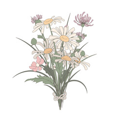 Vector bouquet of wildflowers: chamomile, herbs, thistle in soft colors. Botanical illustration perfect for design of card, fabric, cover, decoration of flower shop.