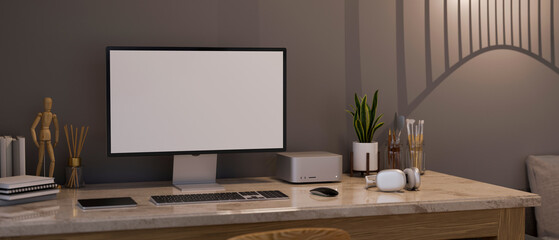Contemporary workspace interior with computer white screen mockup and accessories on stylish marble table against grey wall. 3d rendering, 3d illustration
