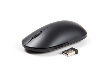 wireless computer mouse with receiver isolated on white background - obrazy, fototapety, plakaty