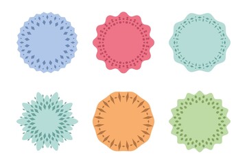 Collection of multicolored round decorative frames. Vintage templates. Design elements for wedding, holiday and greeting cards, logos