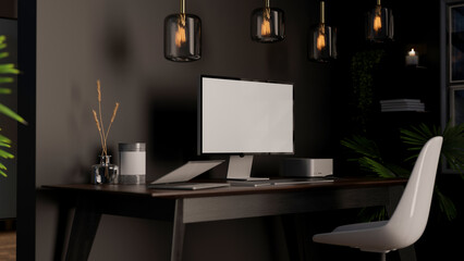 Luxury modern dark office studio workspace interior with computer