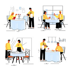 Restaurant concept set in flat line design. Men and women order from menu to waiter, have lunch and drink. Friendly meetings and dates in cafe. Vector illustration with outline colorful web scenes