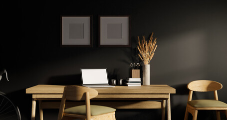 Minimal modern dark workspace studio interior design with open laptop on wood table