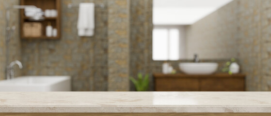 A copy space on natural marble bathroom tabletop against blurred elegance vintage bathroom
