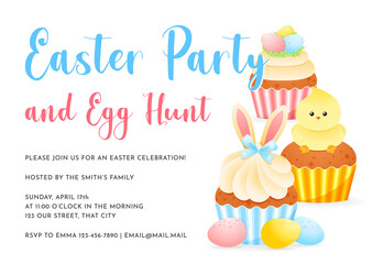 Easter Party and Egg Hunt invitation. Cute cartoon illustration of cupcakes with spring decorations. Vector 10 EPS.