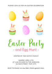 Easter Party and Egg Hunt invitation. Cute cartoon illustration of cupcakes with spring decorations. Vector 10 EPS.