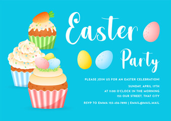 Easter Party and Egg Hunt invitation. Cute cartoon illustration of cupcakes with spring decorations. Vector 10 EPS.