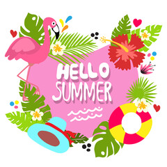 hello summer concepts banner design pink background flamingo flower hat leafs fresh vector