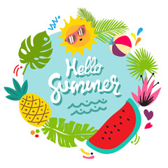summer concepts banner design background sun watermelon pineapple leafs fresh vector