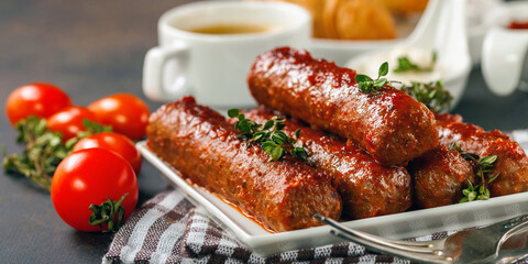Meat sausages, croissant, coffee and sauces against a dark background. Selective focus.