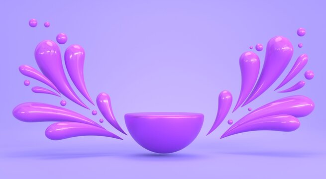 3D podium with flying splash and liquid drops on purple background. Abstract geometric hemisphere stage, empty display platform for cosmetic product presentation. Minimal 3D render, mockup banner