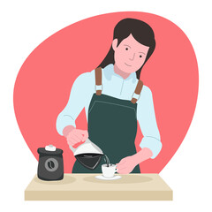 Illustration of a beautiful female barista making coffee for a customer