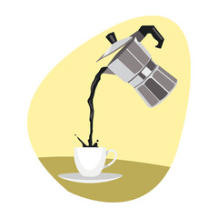 A teapot pouring coffee into a cup isolated on white background