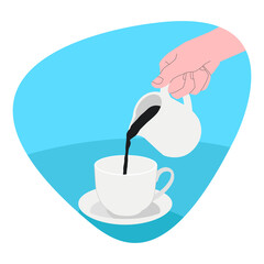 Illustration of a hand pouring coffee into a cup isolated on white background