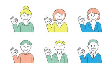 OKサインをするいろいろな人9　高齢者と若者　カラー