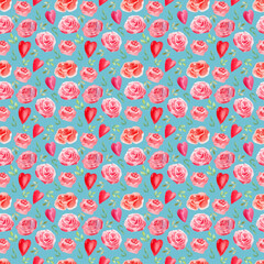 Watercolor seamless pattern with various decorative flowers and leaves