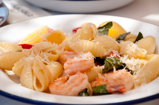 Shrimp Pasta Seasoned With Parmesan And Served