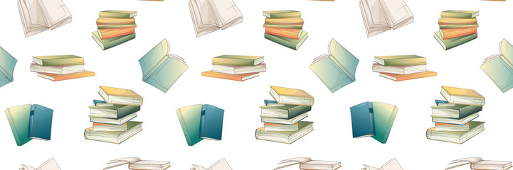 Vector seamless pattern with books and stack of books isolated on white. Illustration perfect for design of website, fabric, wrapping paper, decoration of bookstore, library, bookshop. Cartoon style.