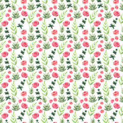 Watercolor seamless pattern with various decorative flowers and leaves