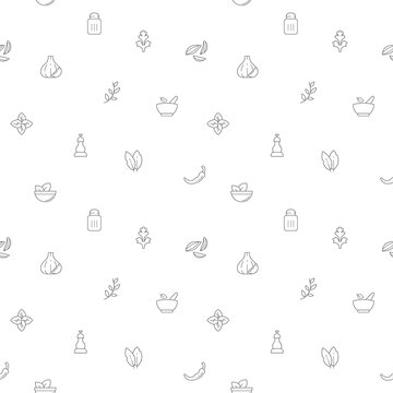 Seamless pattern with herbs and spices icon on white background. Included the icons as basil, parsley, rosemary, bay leaf, chili, onion, dill, cloves, garlic And Other Elements.