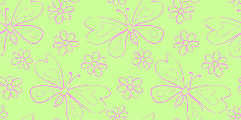 Vector color seamless pattern of outline cute butterflies and flowers in doodle style. Glade, forest edge. Background and texture on theme of nature, spring, summer, children print, isolated