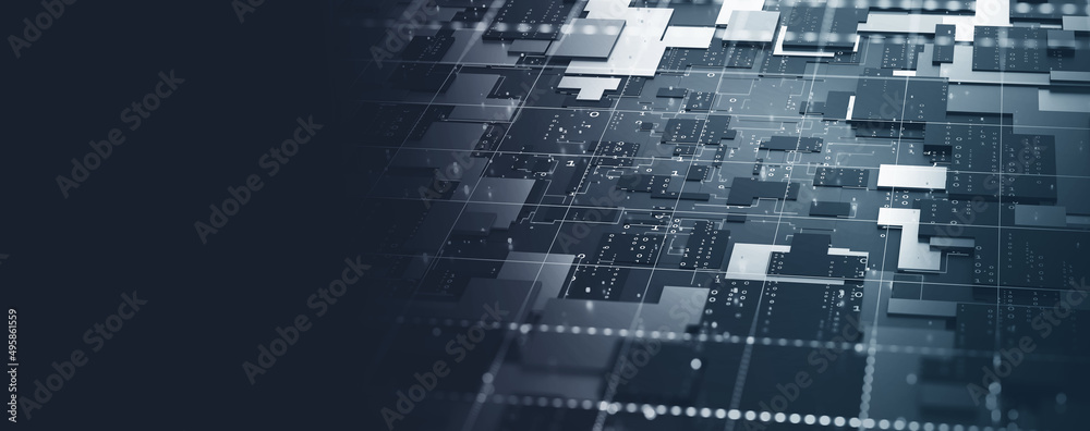 Leinwandbilder Tiled cyber structure. Nanotechnologies in processors and computer circuits. 3D illustration of digital streams in a futuristic motherboard