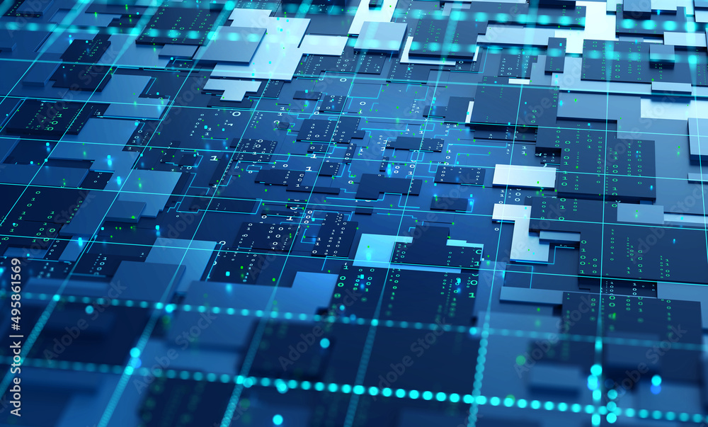 Poster Tiled cyber structure. Nanotechnologies in processors and computer circuits. 3D illustration of digital streams in a futuristic motherboard